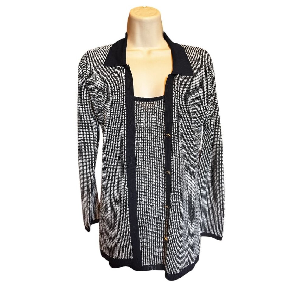 J. Peterman XS Navy Blue White Knit Twinset Cardigan & Tank Top Rayon Academia